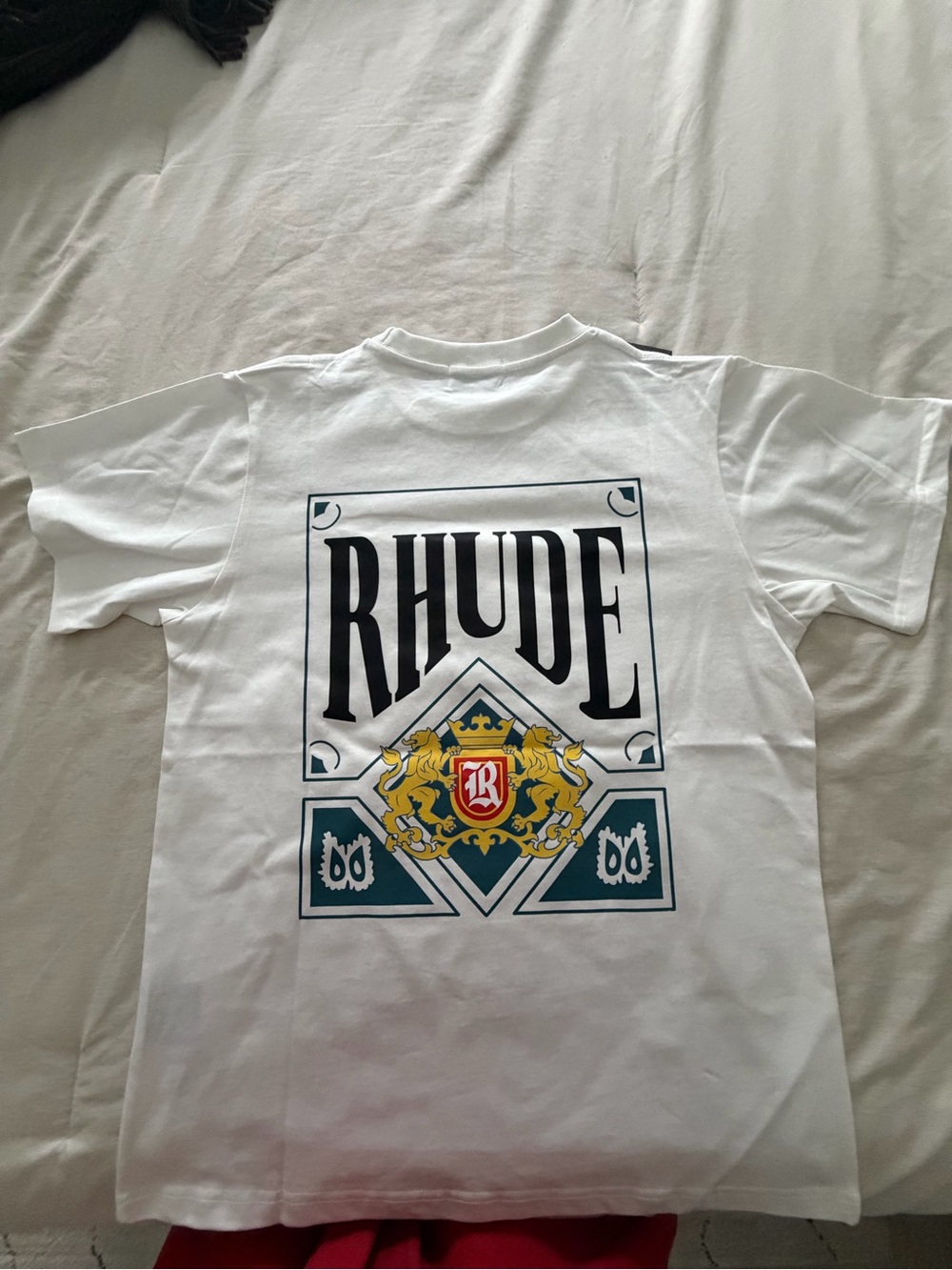Rhude White Tee with Black Logo and Green & Gold Crest